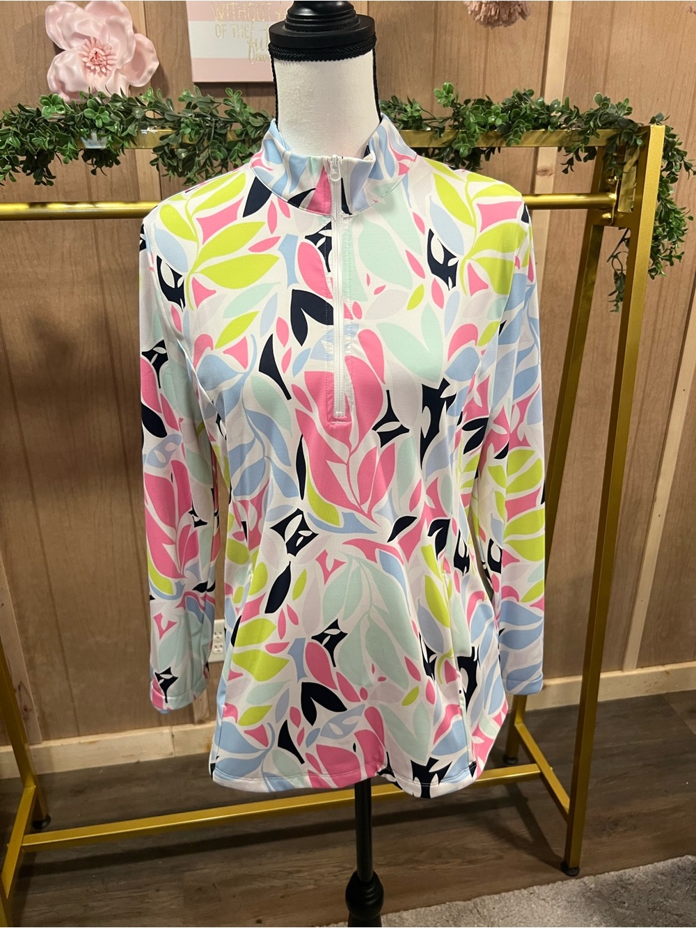 Tommy Bahama Pastel Leaf-Print Half-Zip Mock Neck Top